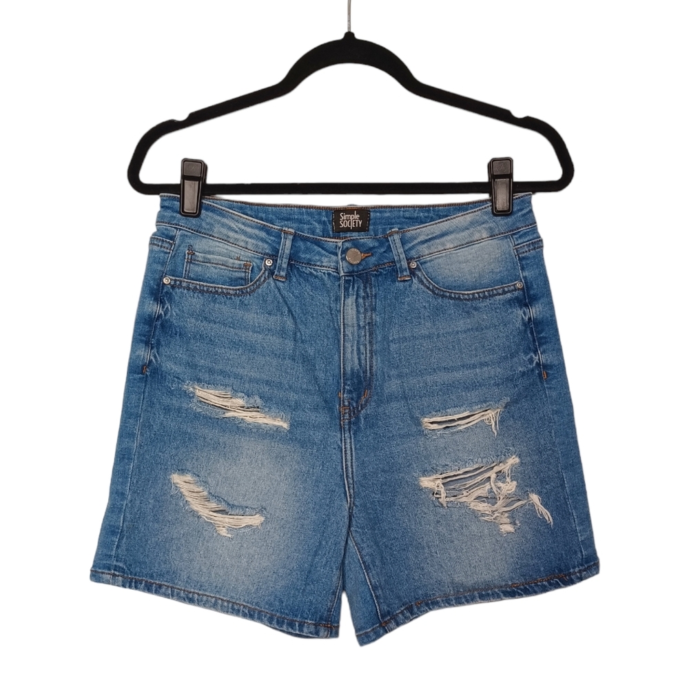 SIMPLE SOCIETY Distressed High Rise Light Medium Blue Jean Denim Shorts 11/30